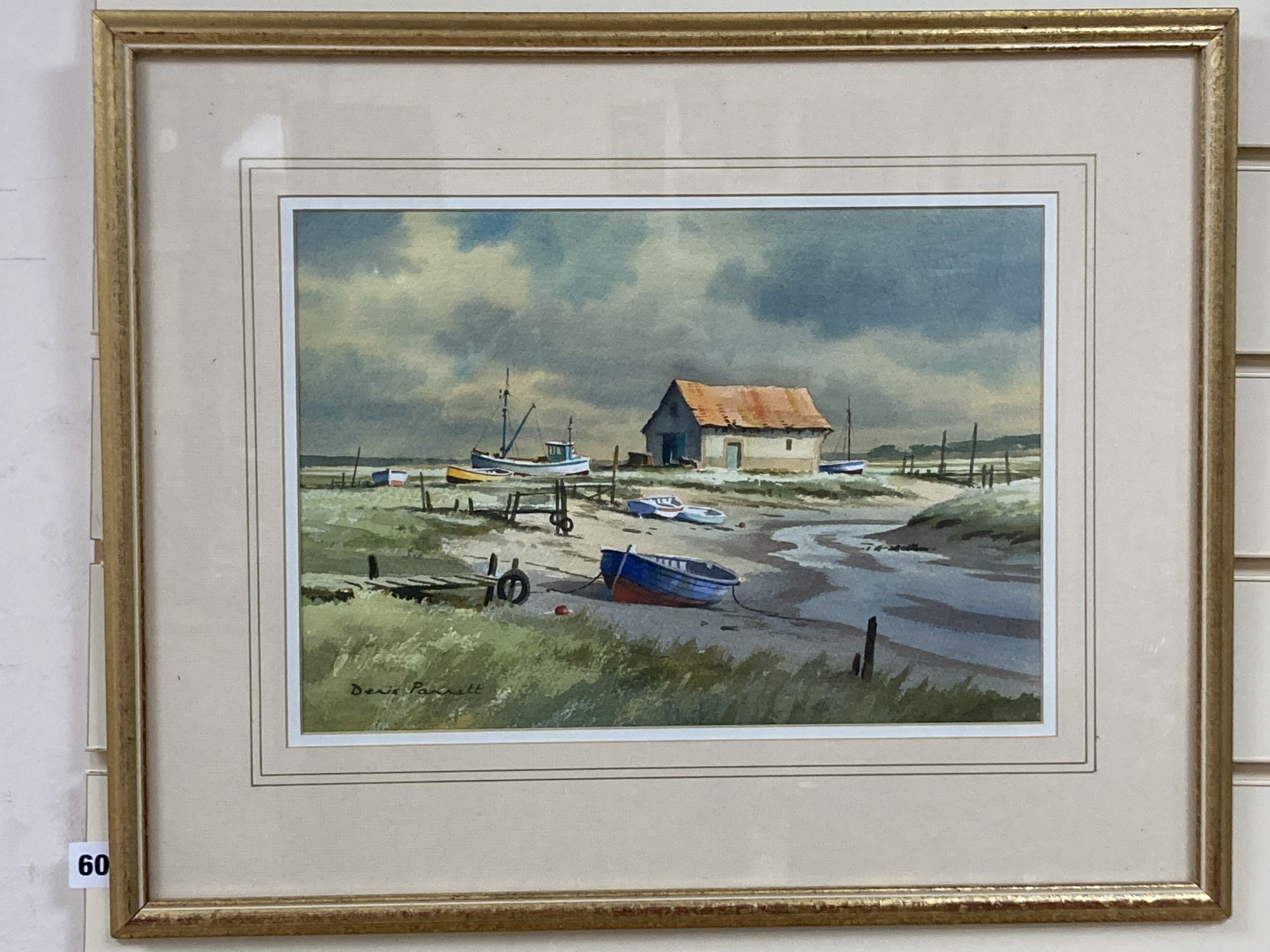 Denis Pannett (1939-), watercolour, Boats at Thornham, signed, 25 x 35.5cm